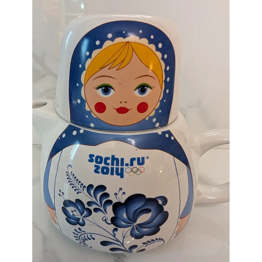 Sochi 2014‎ Winter Olympics Matryoshka Nesting Doll Teapot and Cup Set Ceramic